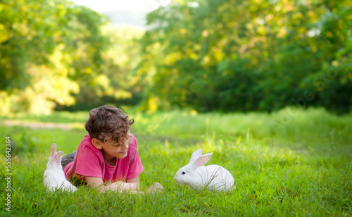 A happy boy is playing with white rabbits in a green meadow