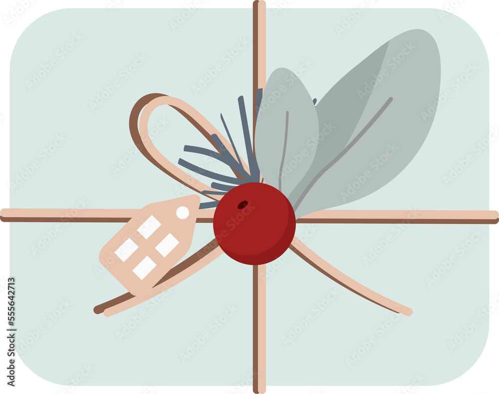 Christmas green gift box top view. DIY present box with tag, snowflake, red berry, pinecone, twine bow and fir twigs. Colored flat vector illustration. PNG, transparency. Christmas green gift box top view. DIY present box with tag, snowflake, red berry, pinecone, twine bow and fir twigs. Colored flat vector illustration. PNG, transparency.