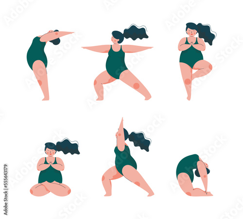 Plus Size Woman Doing Yoga Standing in Asana Vector Set