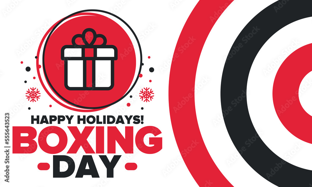 Boxing Day. Day after Christmas Day, when gifts are given! This holiday is associated with shopping and sporting events. Celebrated annually in the Great Britain on December 26th. Vector illustration Boxing Day. Day after Christmas Day, when gifts are given! This holiday is associated with shopping and sporting events. Celebrated annually in the Great Britain on December 26th. Vector illustration