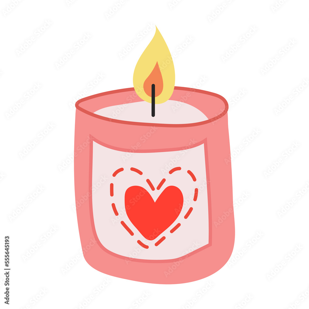 Burning candle in a coloured glass jar isolated on white background. Scented candle with heart. Valentine's day candle. Burning candle in a coloured glass jar isolated on white background. Scented candle with heart. Valentine's day candle.