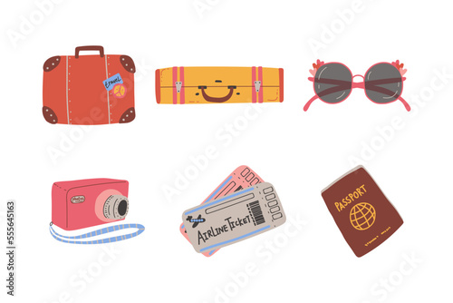 Travel and Tourism Symbols with Suitcase, Sunglasses, Camera, Tickets and Passport Vector Set