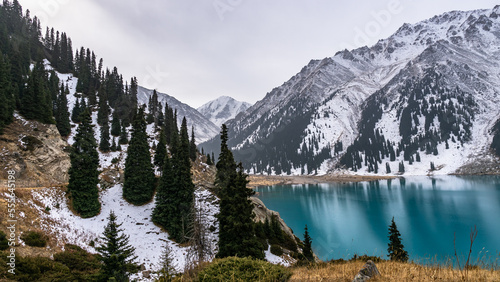 moraine lake in a mountain gorge. beautiful mountain lake. turquoise watercolor © Daniil_98_03_09