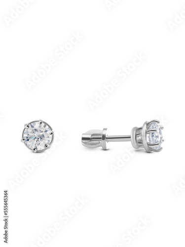 isolated on white background jewelry silver stud earrings with crystal and shadow.