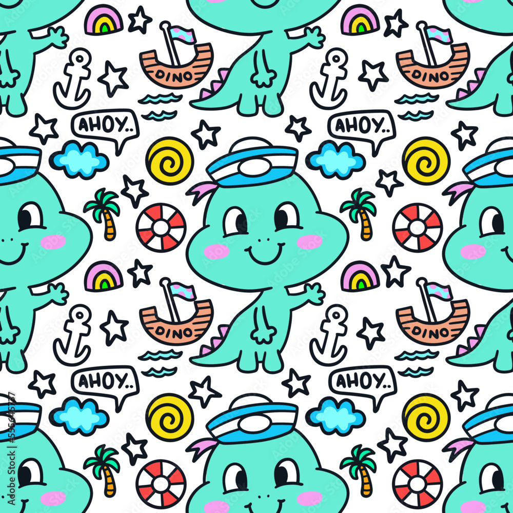 Hand drawn cute little dinosaur sailor with ship and various cute objects doodle illustration seamless pattern
