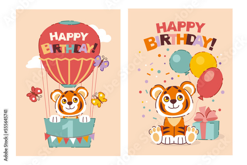 Set of happy birthday, holiday, baby shower celebration greeting and invitation card. Cute cartoon tiger baby with balloon, basket, butterfly, gift box. Vector illustration. Poster template.
