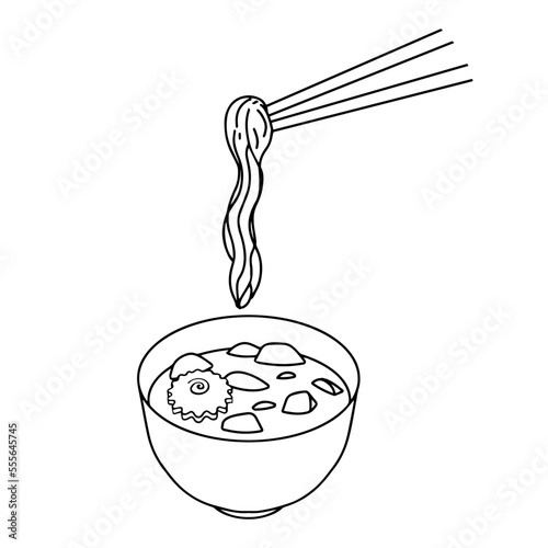 Hand drawn asian food. Vector illustration of japanese udon with chopstick. Bowl of ramen.