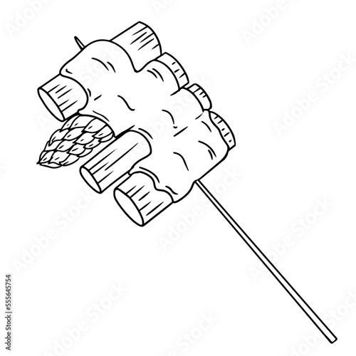 Hand drawn asian food. Vector illustration of asparagus on stick with cheese. Street fried snack.