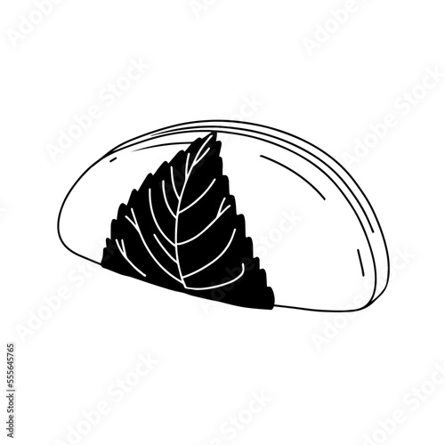 Hand drawn asian food. Vector illustration of japanese rice dessert. Sweet mochi in sajura leaf.