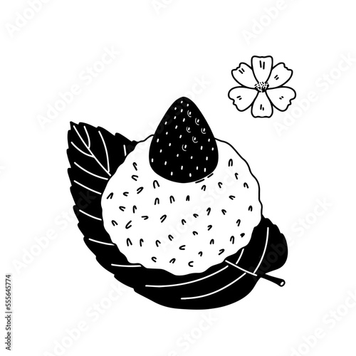 Hand drawn asian food. Vector illustration of japanese rice dessert on leaf with sakura flower.