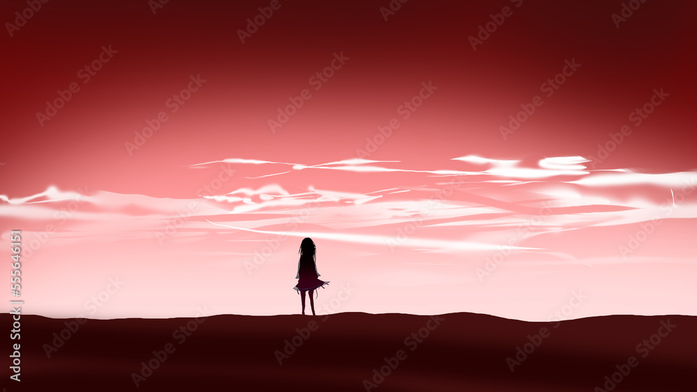 girl  night sky red scene digital art ,type painting ,3d illustration girl standing alone
