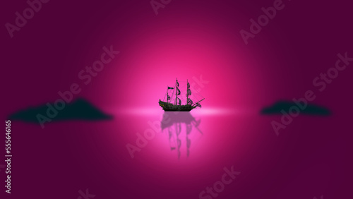 ship and pink river scene digital art ,type painting ,3d illustration