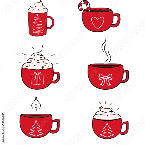 Hot drinks set. Christmas set of cups with coffee, cocoa, and tea. Suitable for card design, and prints. Freehand vector illustration.