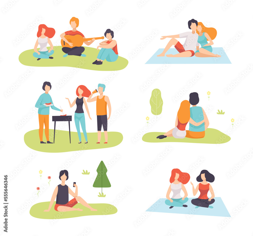 People Character Enjoying Picnic in Nature Sitting on Blanket and Talking Vector Set People Character Enjoying Picnic in Nature Sitting on Blanket and Talking Vector Set