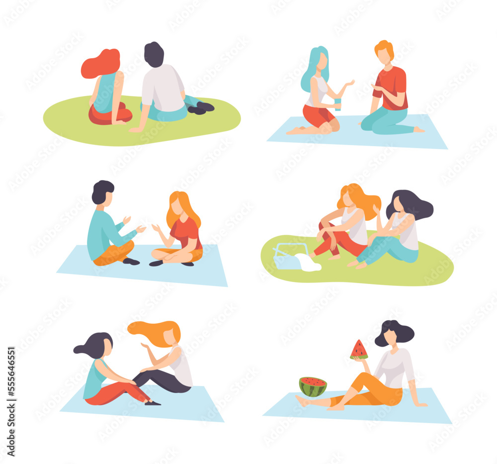 People Character Enjoying Picnic in Nature Sitting on Blanket and Talking Vector Set People Character Enjoying Picnic in Nature Sitting on Blanket and Talking Vector Set