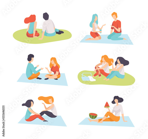People Character Enjoying Picnic in Nature Sitting on Blanket and Talking Vector Set