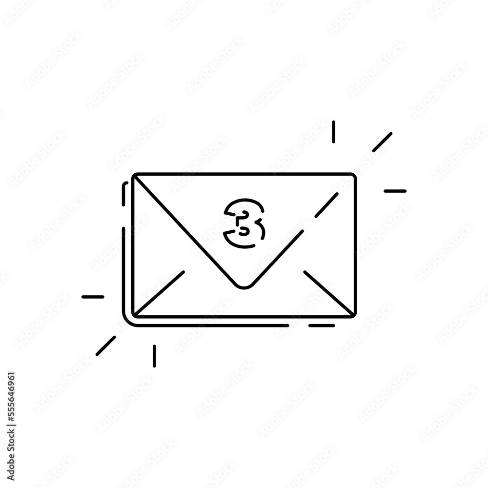 Outline mail envelope icon. Closed mail envelope icon with number three on a white background. Email notification. Email sign. Message icon vector for web, computer and mobile app Outline mail envelope icon. Closed mail envelope icon with number three on a white background. Email notification. Email sign. Message icon vector for web, computer and mobile app