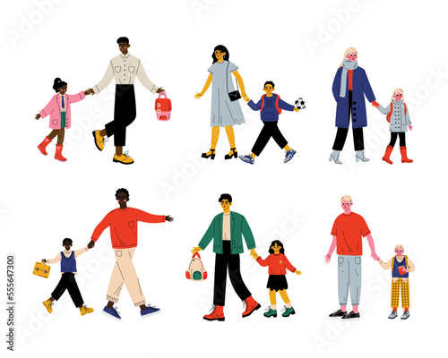 Parent with Child Walking to School with Backpack Vector Set
