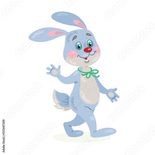 Funny bunny walks and waves his hand. In cartoon style. Isolated on white background. Vector flat illustration.
