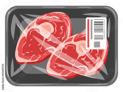 Cartoon red meat steaks. Pork or beef steaks in vacuum plastic packaging, fresh raw filet packed with polyethylene flat vector illustration on white background