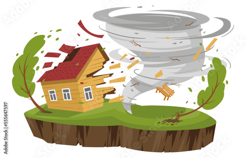 Cartoon tornado, hurricane natural disaster. Twisted storm catastrophe, suburban house damage, whirlwind cataclysm flat vector illustration on white background