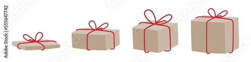 Set: gift packages wrapped with kraft paper and red bow. Different sizes and measurements. Brown paper presents. Vector illustration, flat design