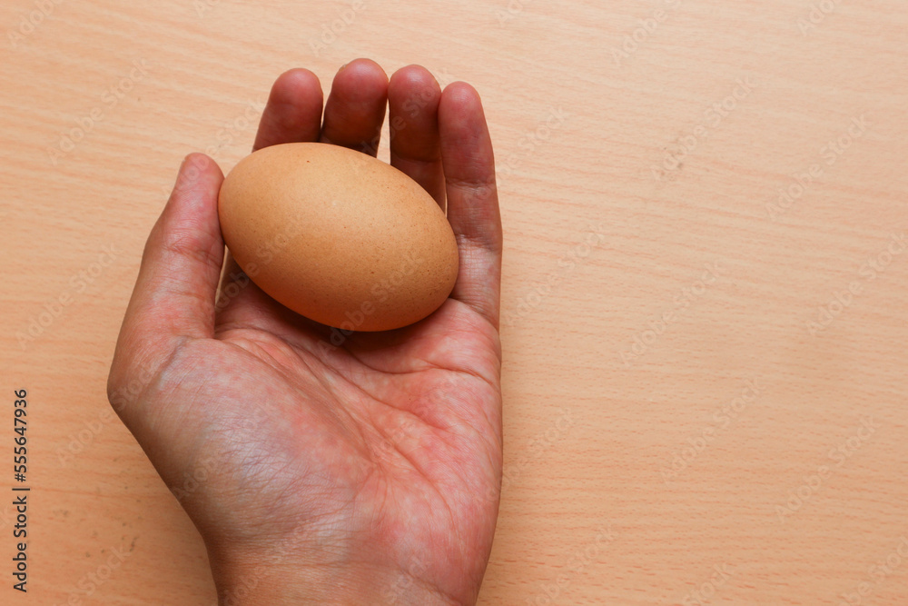 Hand holding chicken egg isolated on brown wooden background Hand holding chicken egg isolated on brown wooden background