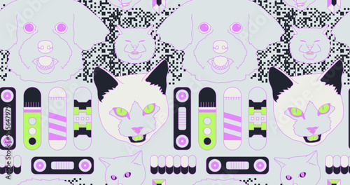 Fashion minimal illustration stylish retro kitty and dog  seamless pattern