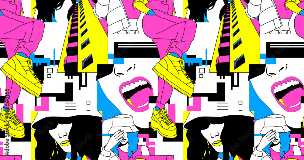 Fototapeta premium Fashion minimal illustration stylish urban girl trippy seamless pattern
