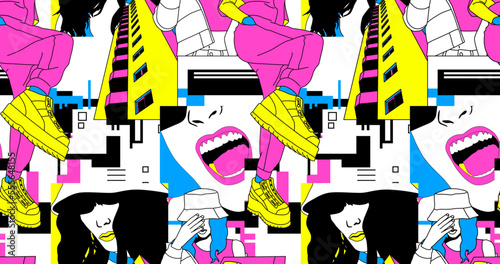 Fashion minimal illustration stylish urban girl trippy seamless pattern