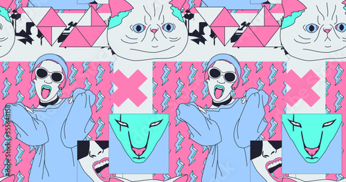 Fashion minimal illustration stylish urban girl trippy seamless pattern