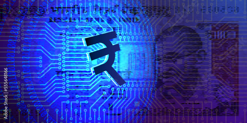 Vector 3d bright glowing digital rupee symbol on the background of pixel banknote of India and computer chip. Hi tech financial poster.