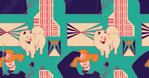 Fashion minimal illustration stylish paris girl trippy seamless pattern design