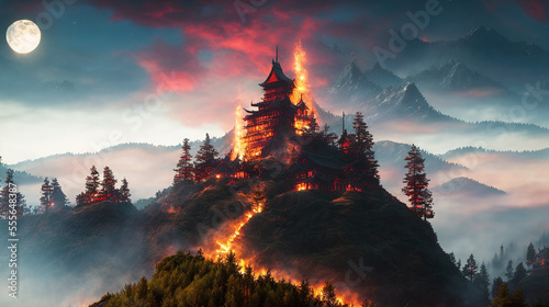 evening landscape with a burning samurai japan castle on a mountain at dusk with much fire and smoke in the air, generative AI
