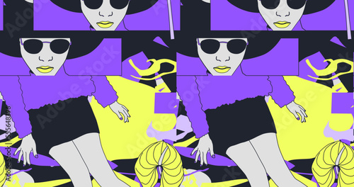 Fashion minimal illustration stylish retro paris girl trippy seamless pattern design