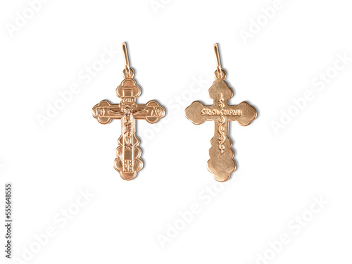 isolated on white background jewelry golden cross with shadow