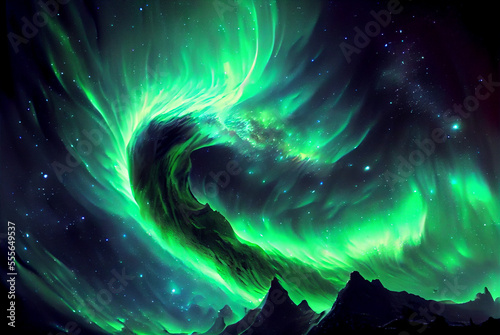Bright green Aurora borealis over mountains.