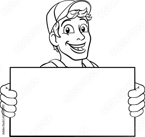 A handyman cartoon character caretaker construction man peeking over a sign