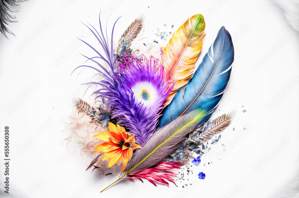 Colorful of feathers with red yellow orange and blue shades. exotic nature background and texture. Bird feather and decoration concept. Generative AI
