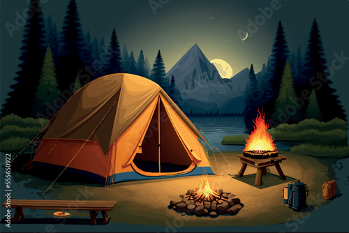 Camping, Trekking and Hiking Vector Illustration. Tourist Campsite, Tent and Bonfire at Wild Nature With Forest Lake and Mountains. Generative AI.