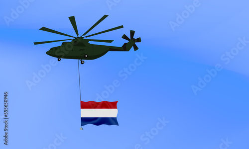 Helicopter flies with the flag of Netherlands, the flag of Netherlands in the sky. National holiday. vector illustration eps10