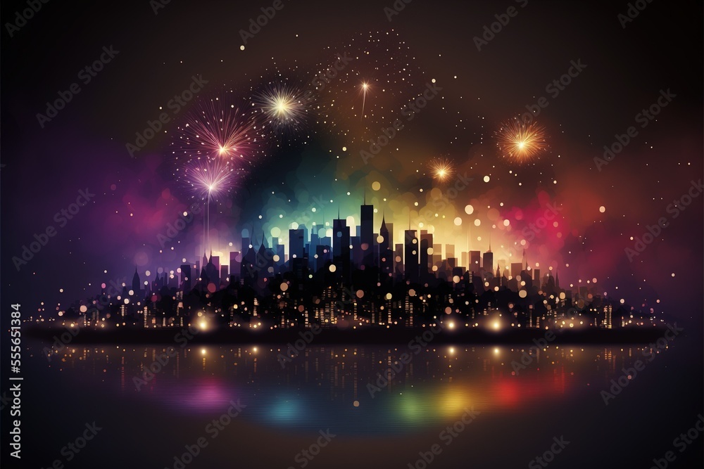Vector illustration of a festive fireworks display over the city at night scene for holiday and celebration background, AI art
