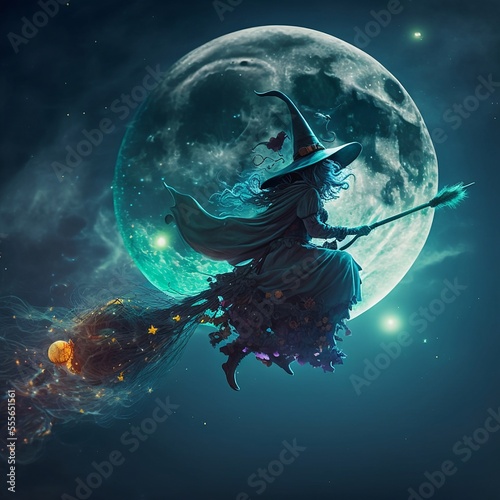 Papier peint befana strega che vola sulla scopa sullo sfondo la luna piena