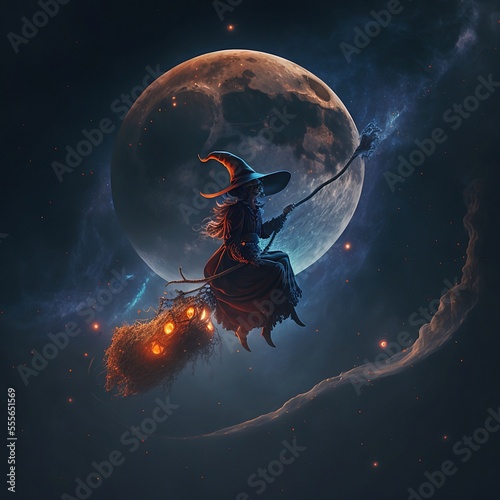 Tableau sur toile befana strega che vola sulla scopa sullo sfondo la luna piena