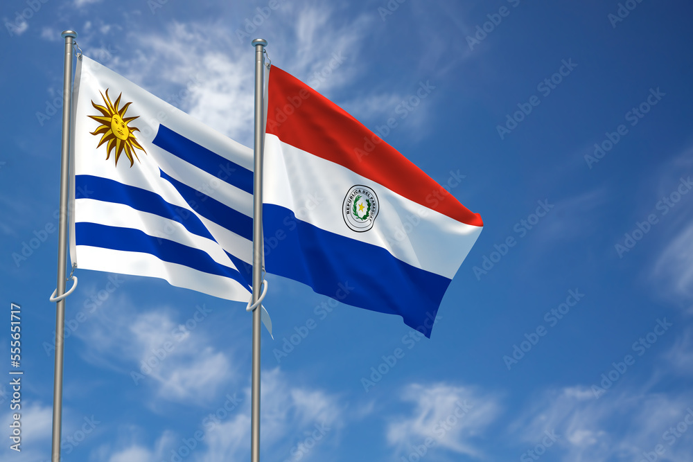 Oriental Republic of Uruguay and Republic of Paraguay Flags Over Blue Sky Background. 3D Illustration Oriental Republic of Uruguay and Republic of Paraguay Flags Over Blue Sky Background. 3D Illustration