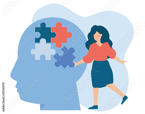 Psychotherapist connecting jigsaw pieces of a head together. illustration of support and help to people with mental health disorders. Concept of brainstorming, creativity and psychology therapy.