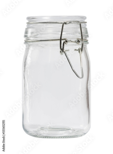 glass transparent jar closed on a metal fastener vertical photo isolate. glass jar mockup