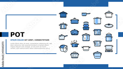 pot kitchen food pan cooking landing web page vector. cook soup, saucepan lid, steel chef, kitchenware metal, stove utensil, stainless pot kitchen food pan cooking Illustration