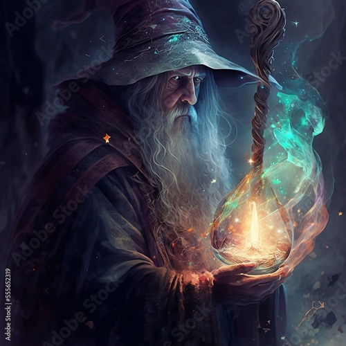 Old wizard with hat making magical potion digital art photo