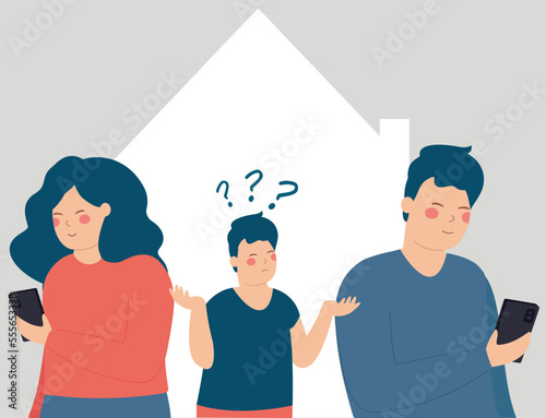 Sad little kid boy ignored by his parents. Addict mother and father using mobile phone and neglecting their son who is bored, lonely and feeling abandoned. Negative parenting concept